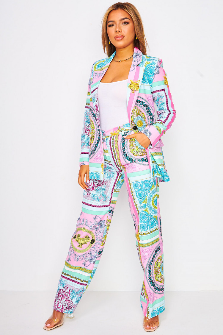 Veste de blazer bleu/rose imprimé baroque