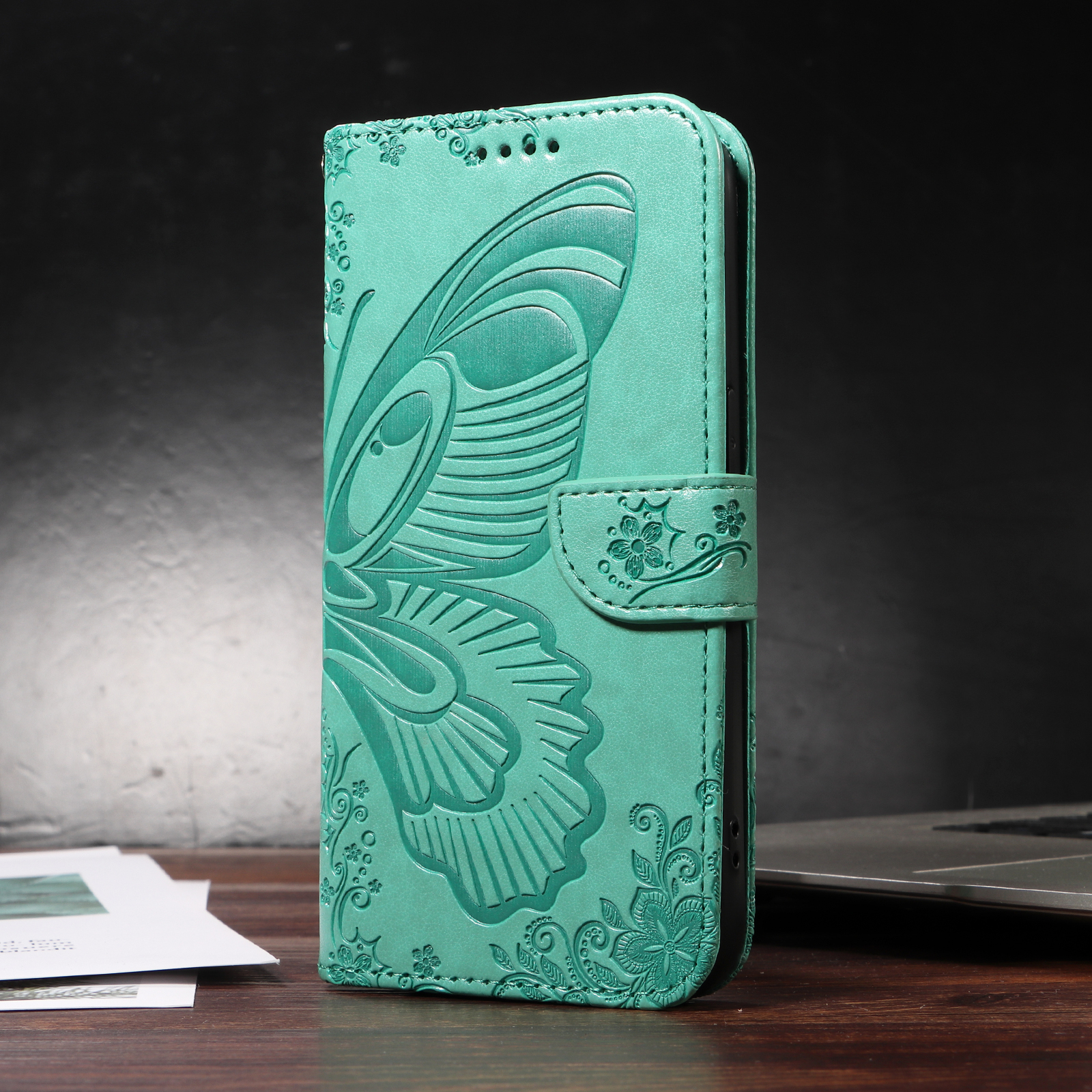 iPhone 17 Pro Leder Tasche Flip Cover Schmetterlinge Imprint - Türkis