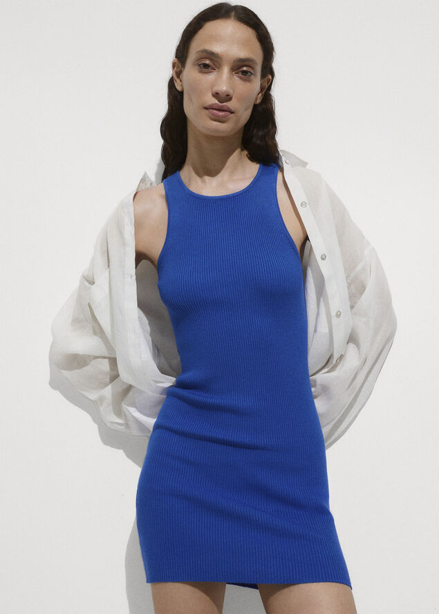 MANGO Printed knit dress Bright blue