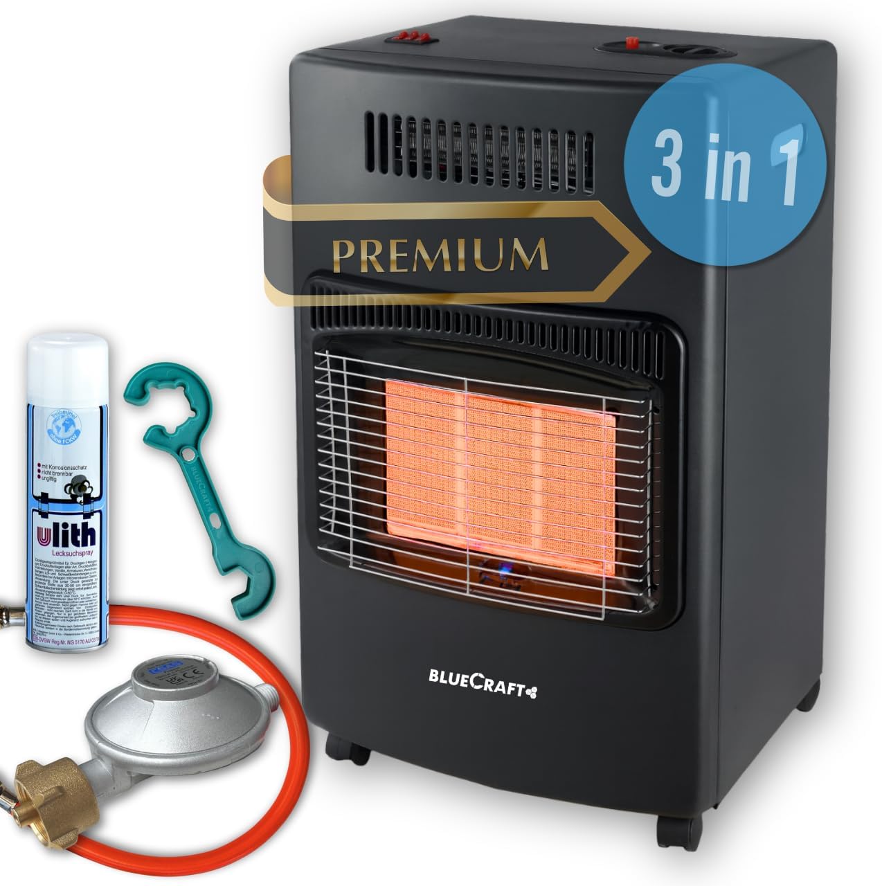 Bluecraft 3-in-1 Gas-Ofen & Elektroheizung | Heizofen in PREMIUM QUALITÄT | Gasheizer Infrarot Heizstrahler Notofen 4,2 kW mit Druckregler, Gas-Schlauch, Gasregler-Schlüssel | für Gasflasche 5kg 11kg