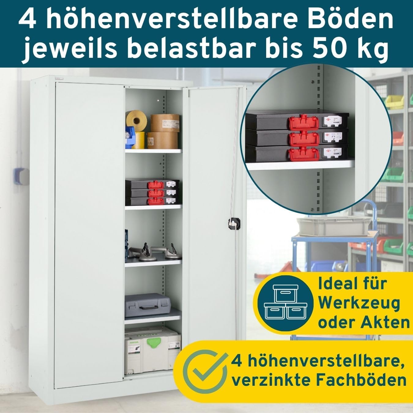 Werkzeugschrank abschließbar, Aktenschrank aus Stahl, Schrank mit Schloss, Werkstatt Schrank, Stahlschrank mit Türen, 95 x 40 x 193,5 cm, Büroschrank lichtgrau