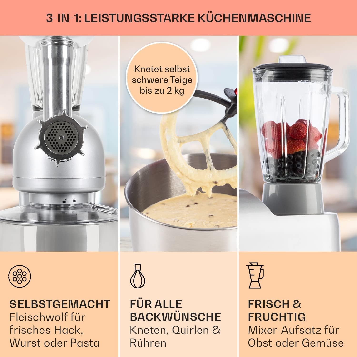 Klarstein Knetmaschine Küchenmaschine mit Fleischwolf, 1800W Teigmaschine Klein, 6 Stufen, Schneebesen Rühr- & Knethaken, Planetenrührwerk, Rührmaschine mit Mixer