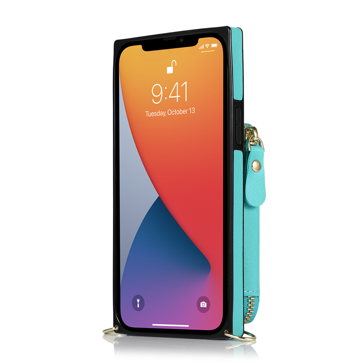 iPhone 14 Pro Max Necklace Leder Schutz Hülle mit Kartenfächer   Handykette (140cm) - Türkis