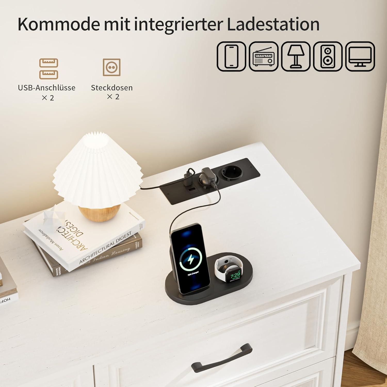 Kommode mit Steckdosen, Komode mit 6 schubladen, 2 USB & 2 AC-Anschlüssen, Komodenschrank Holz, für Schlafzimmer, Wohnzimmer, Flur, 106 x 81.5 x 39 cm, Weiß