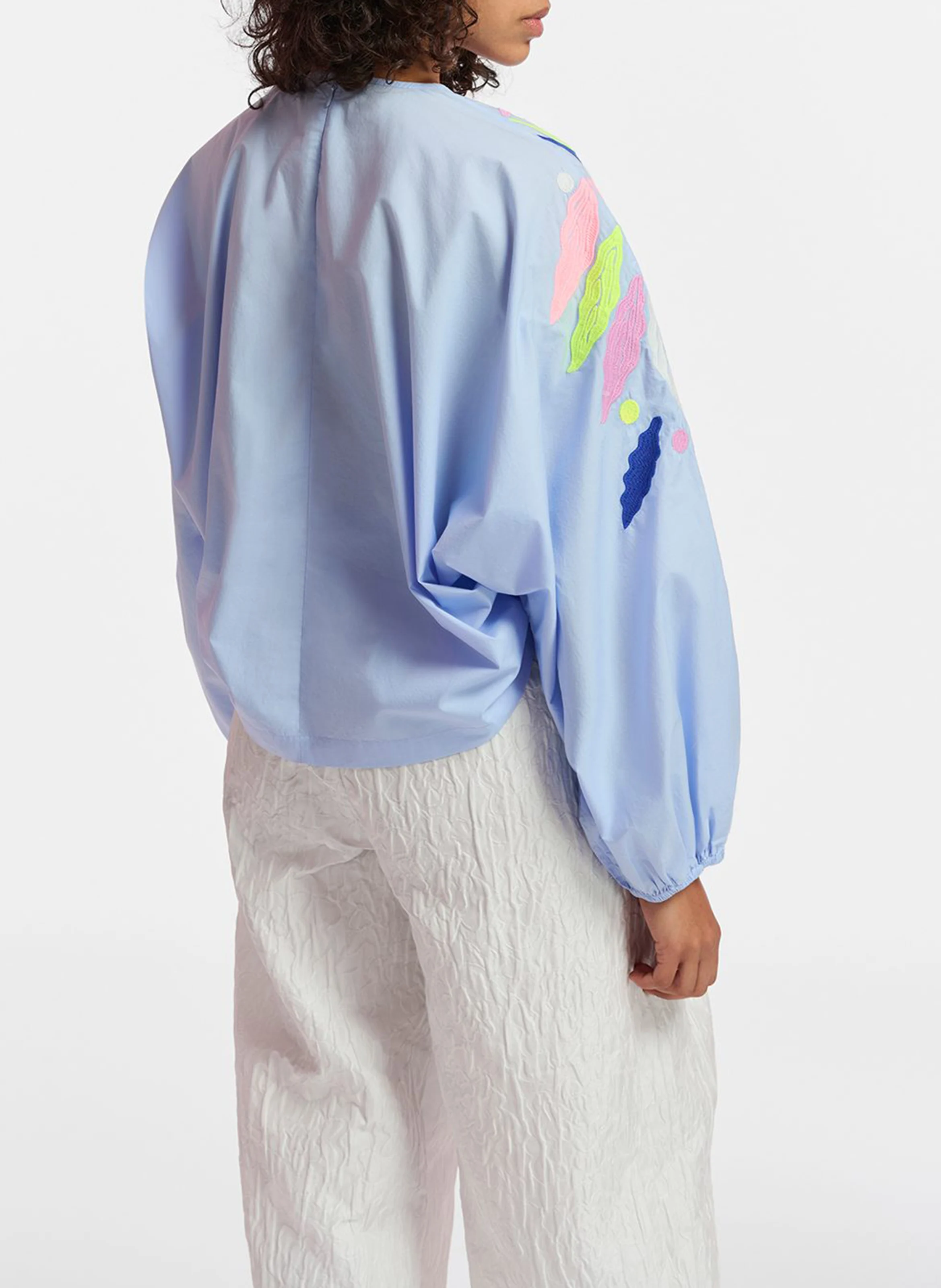 GALAXY - Top ample col rond en coton brodé | Bleu
