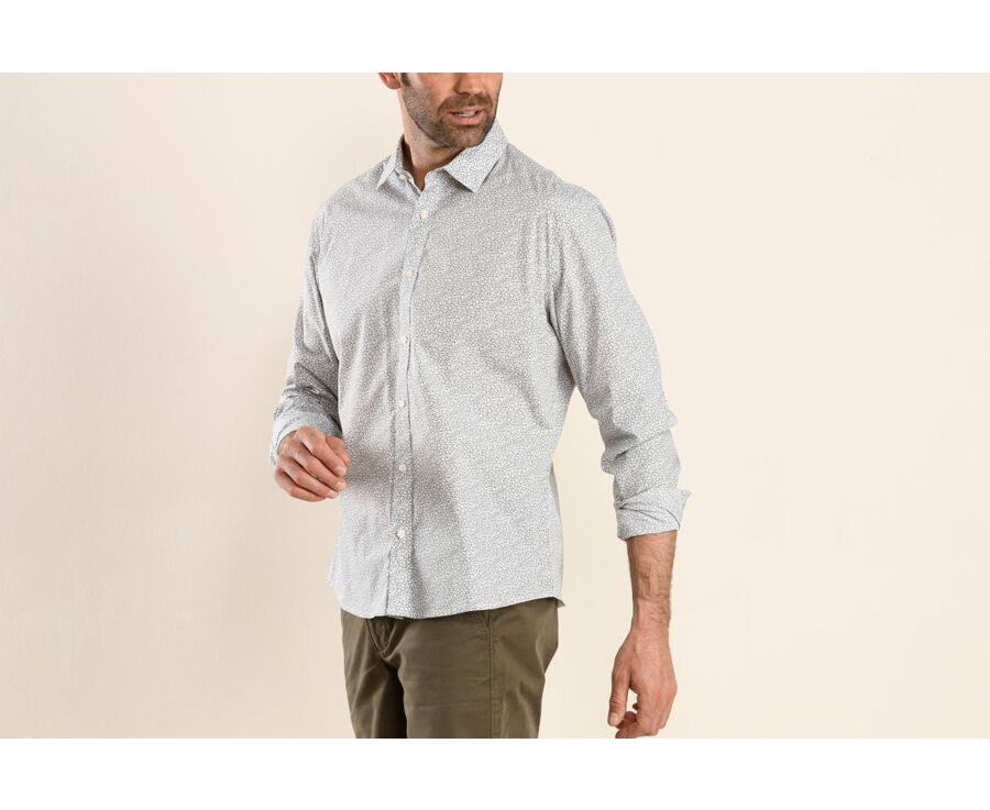 Chemise coton taupe imprimée motifs blancs et bleus - EDALBERT