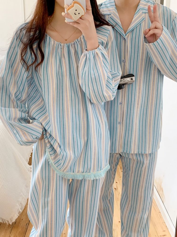 Tanee - Pyjamaset: gestreepte blouse met pofmouwen + broek