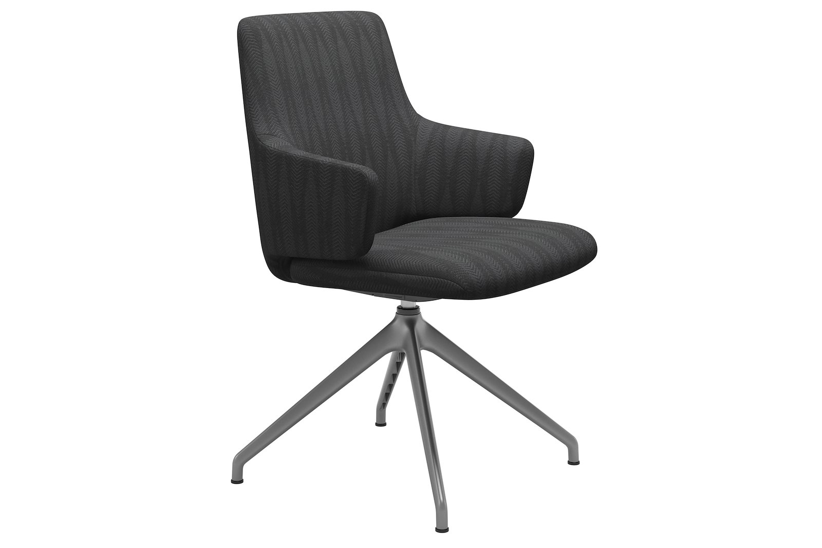 Basil spisestol I tekstil Leaf Charcoal med satin silver understell. Lav rygg, med arm og large sete. Vaskbart trekk