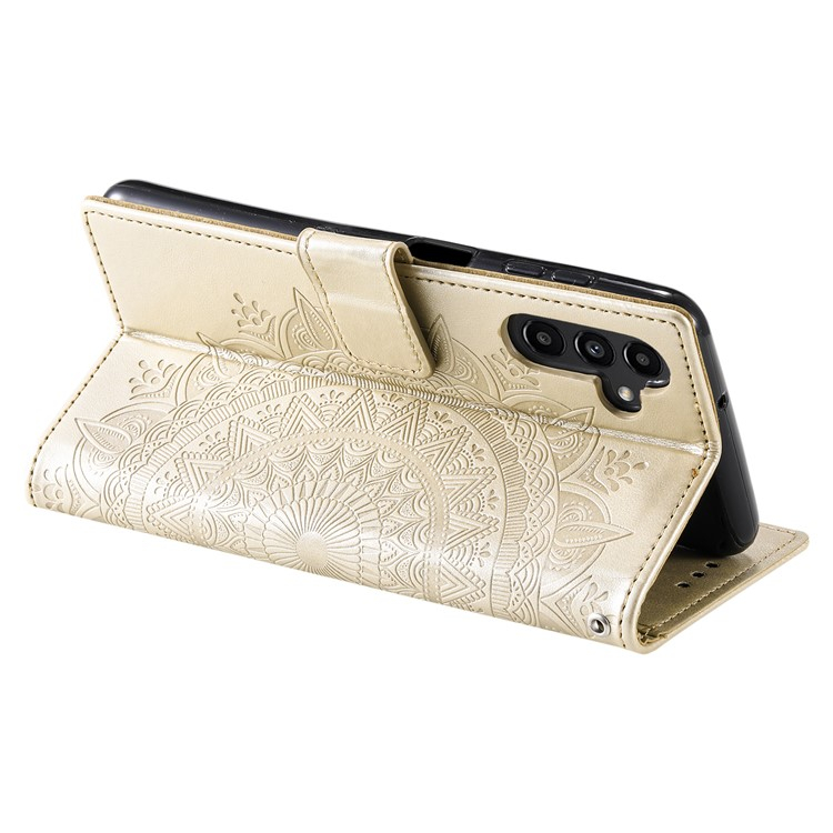 Samsung Galaxy S24 FE Leder Tasche Wallet - Mandala Flowers Imprint - Gold