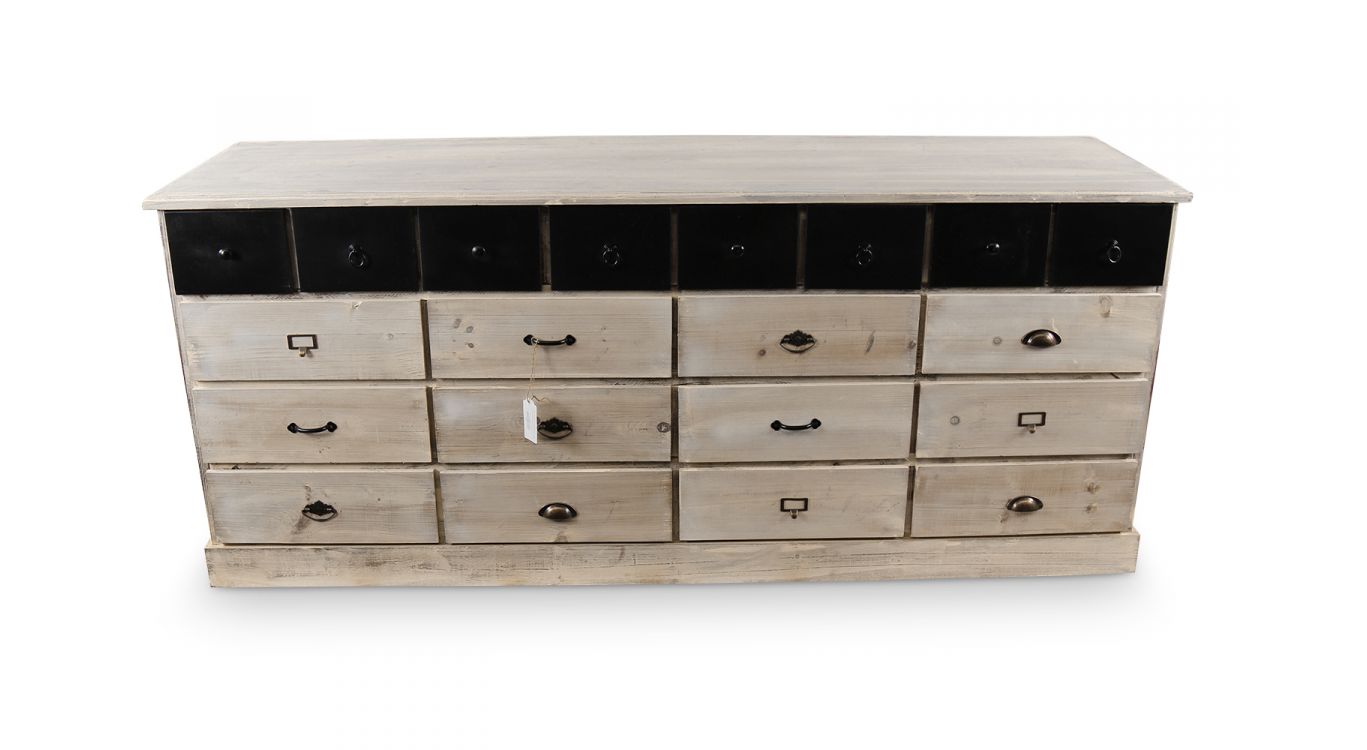 Bahut 20 tiroirs bois blanc cérusé 199x55x85cm