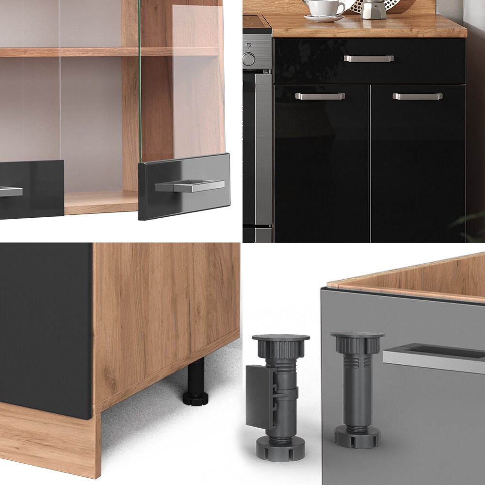 Vicco Küchenzeile R-Line Solid Eiche Schwarz 200 cm modern Küchenschränke Küchenmöbel