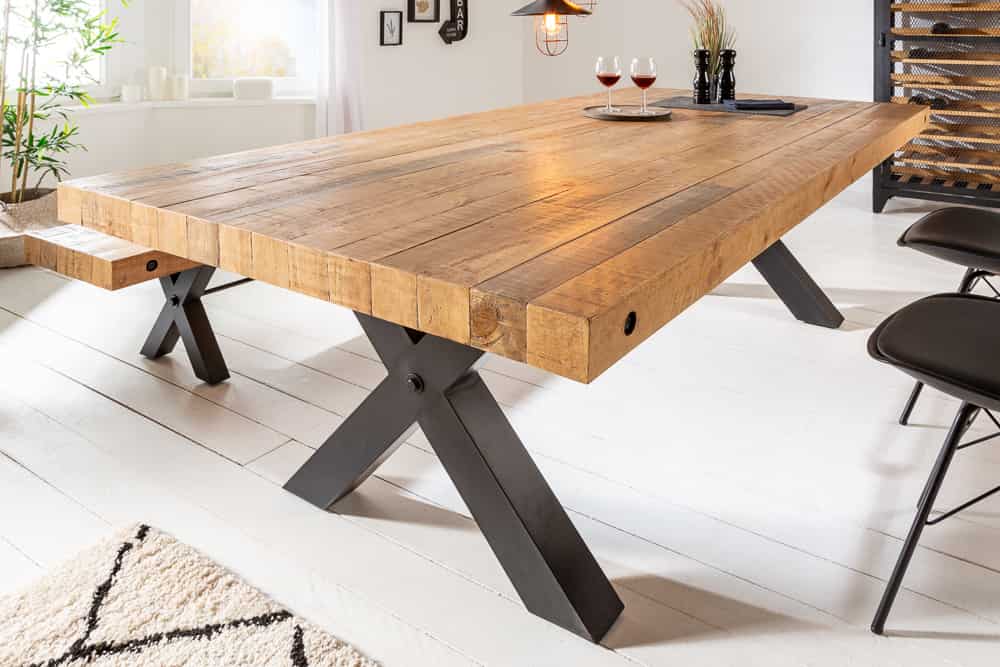Massiver Esstisch THOR 240cm natur recyceltes Pinienholz Industrial Design