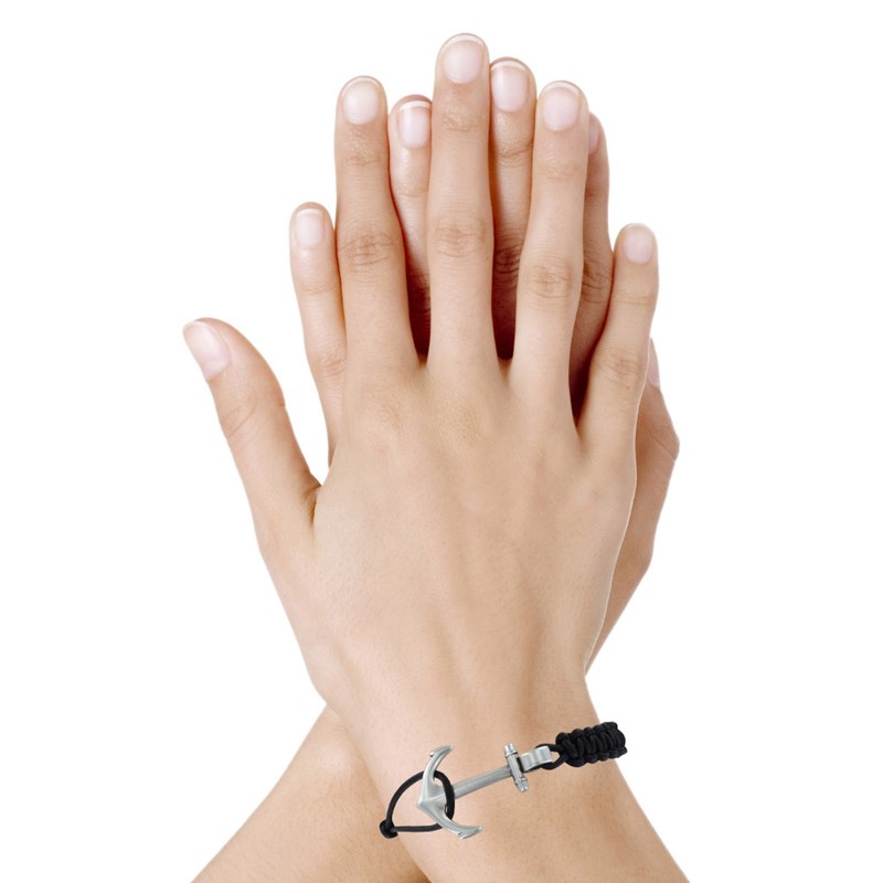 Bracelet Argenté Ancre Lien Tressé Coulissant - Noir
