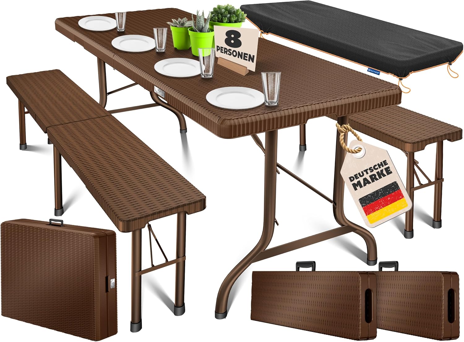 KESSER® Bierzeltgarnitur 3-teilig Set Tisch & 2x Bank | Buffettisch für drinnen & draußen Gartengarnitur klappbar 183x76x74cm Kunststoff Klapptisch Rattan-Look Gartentisch Inkl Abdeckung & Tragegriffe