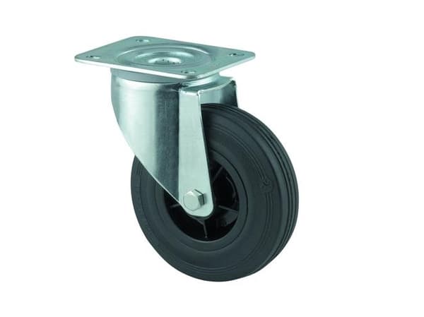 Drejeligt hjul, sort massiv gummi, Ø200 mm, 200 kg, rulleleje, med plade Byggehøjde: 240 mm. Drifts