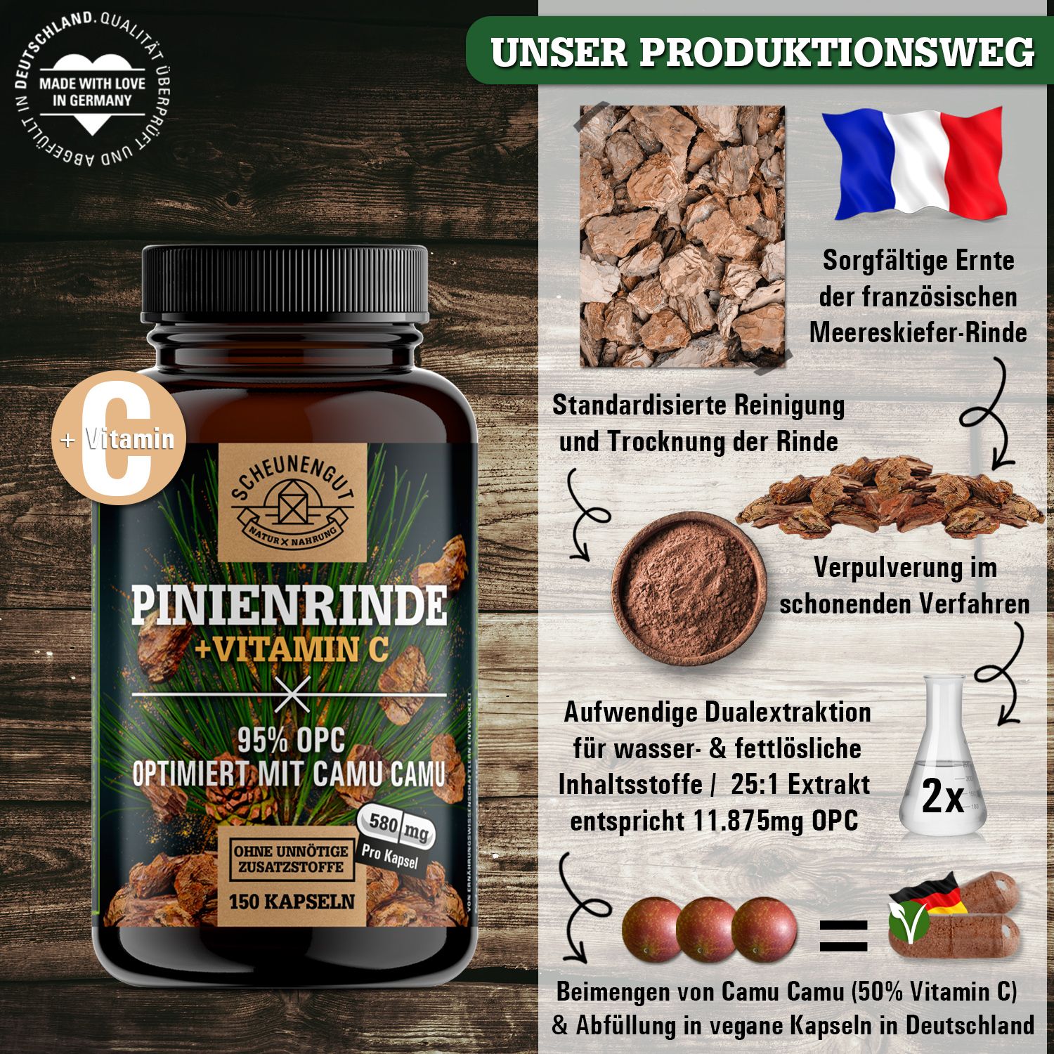 Scheunengut® Pinienrinde | 25:1 Extrakt mit mindestens 95% OPC | optimiert mit Camu Camu (Vitamin C)