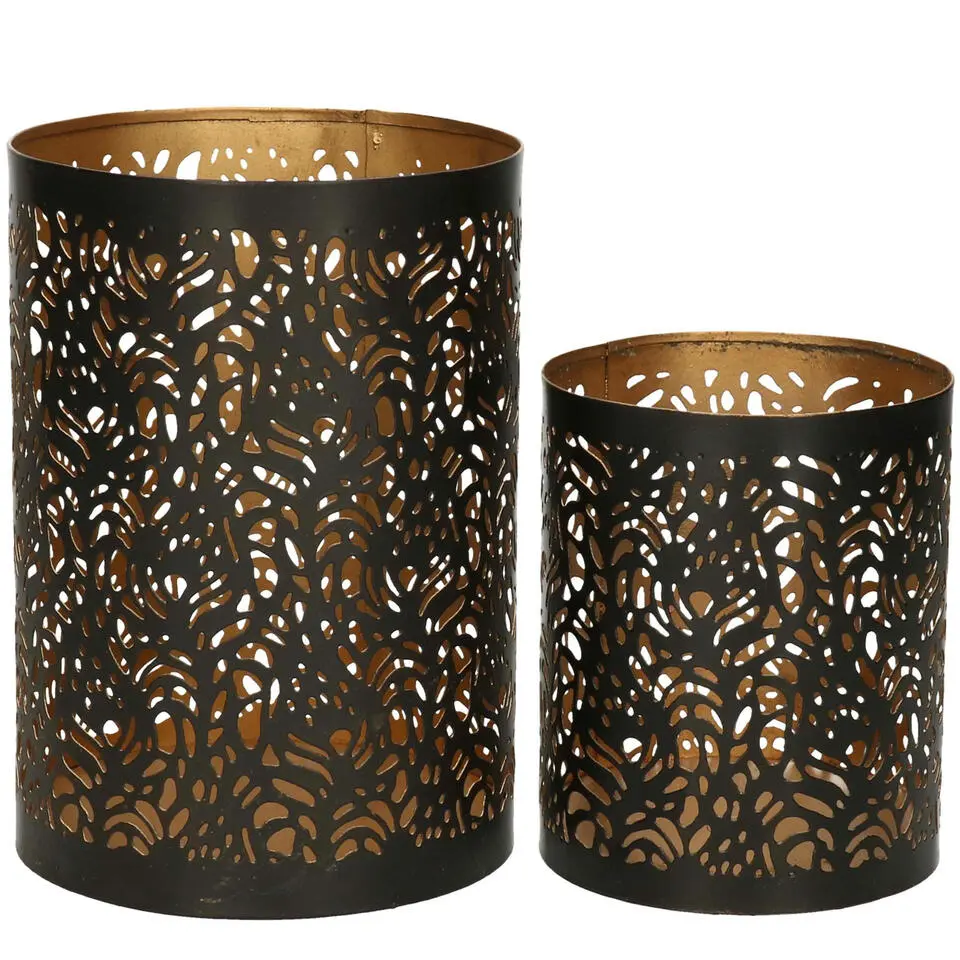 Windlichten set - 2x - zwart/goud - 10/15 cm - theelichthouder