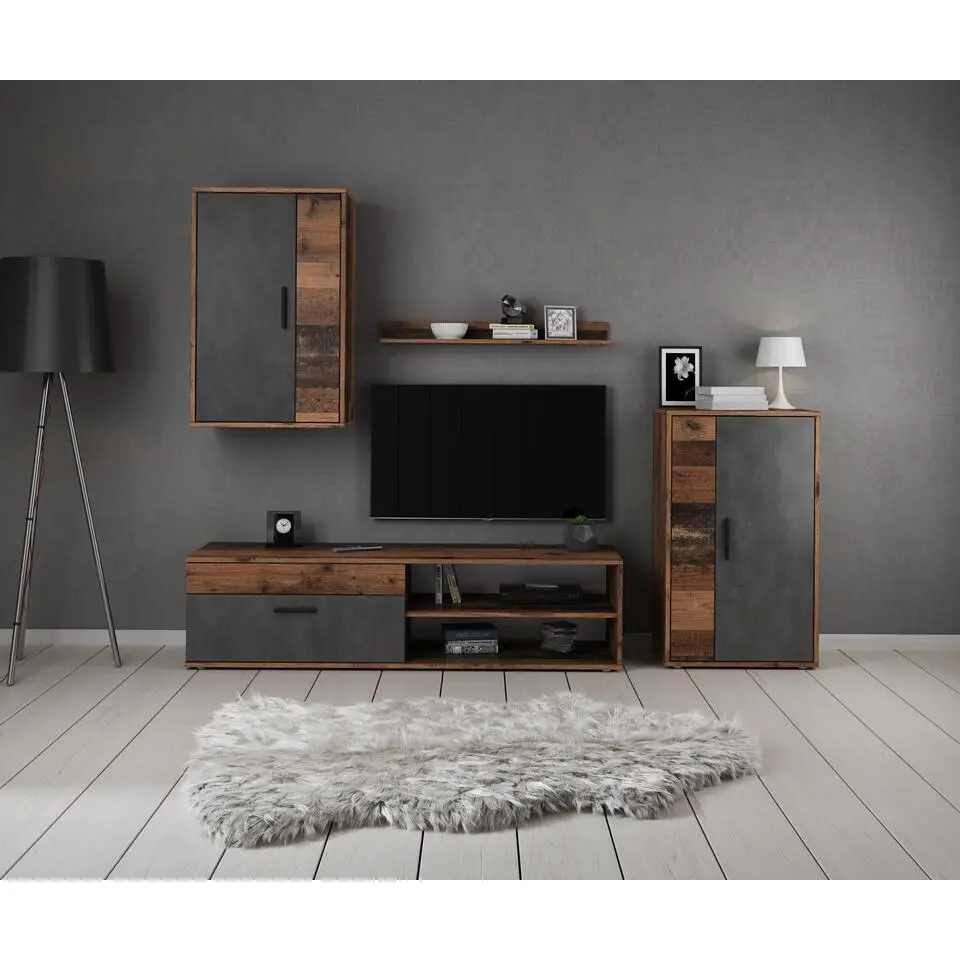Meubella - Wandmeubel Bellini - Grijs - Donker Old Wood