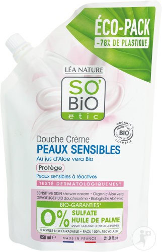 So'Bio Étic Douche Crème Au Jus D'Aloe Vera Bio Peaux Sensibles À Réactives Éco-Pack 650ml