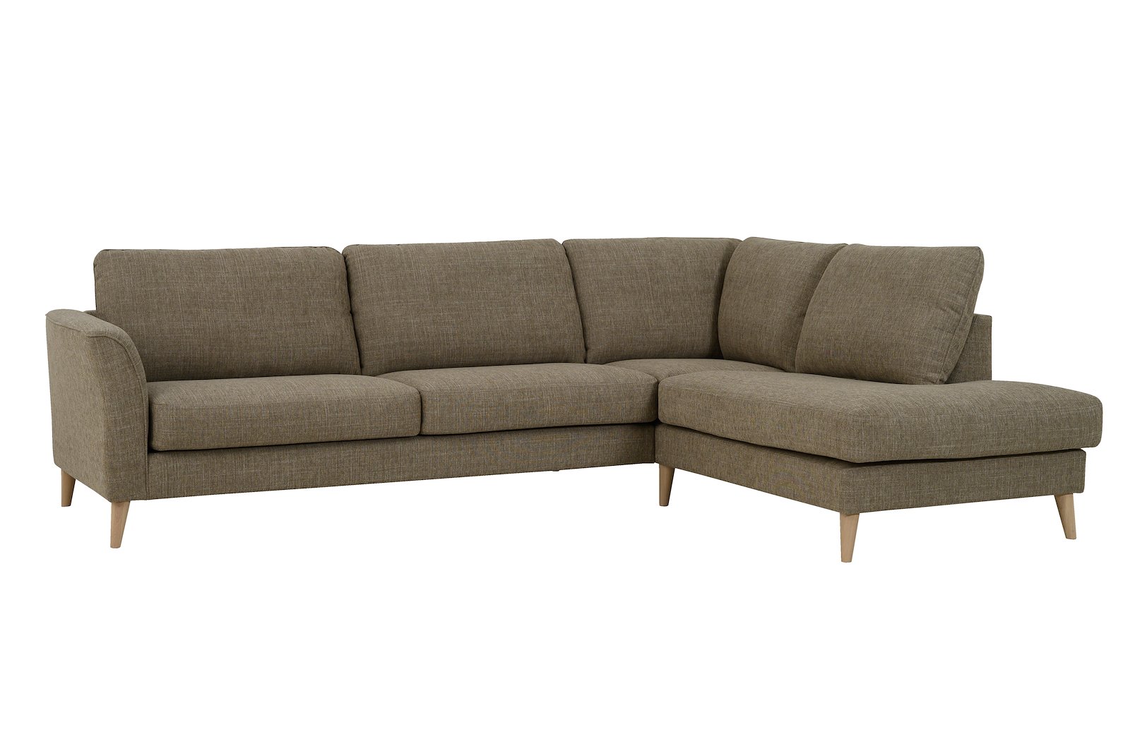 Nina hjørnesofa 3-seter med åpen ende høyre i tekstil Oslo 5 Brown med arm A og hvitoljet ben 15583