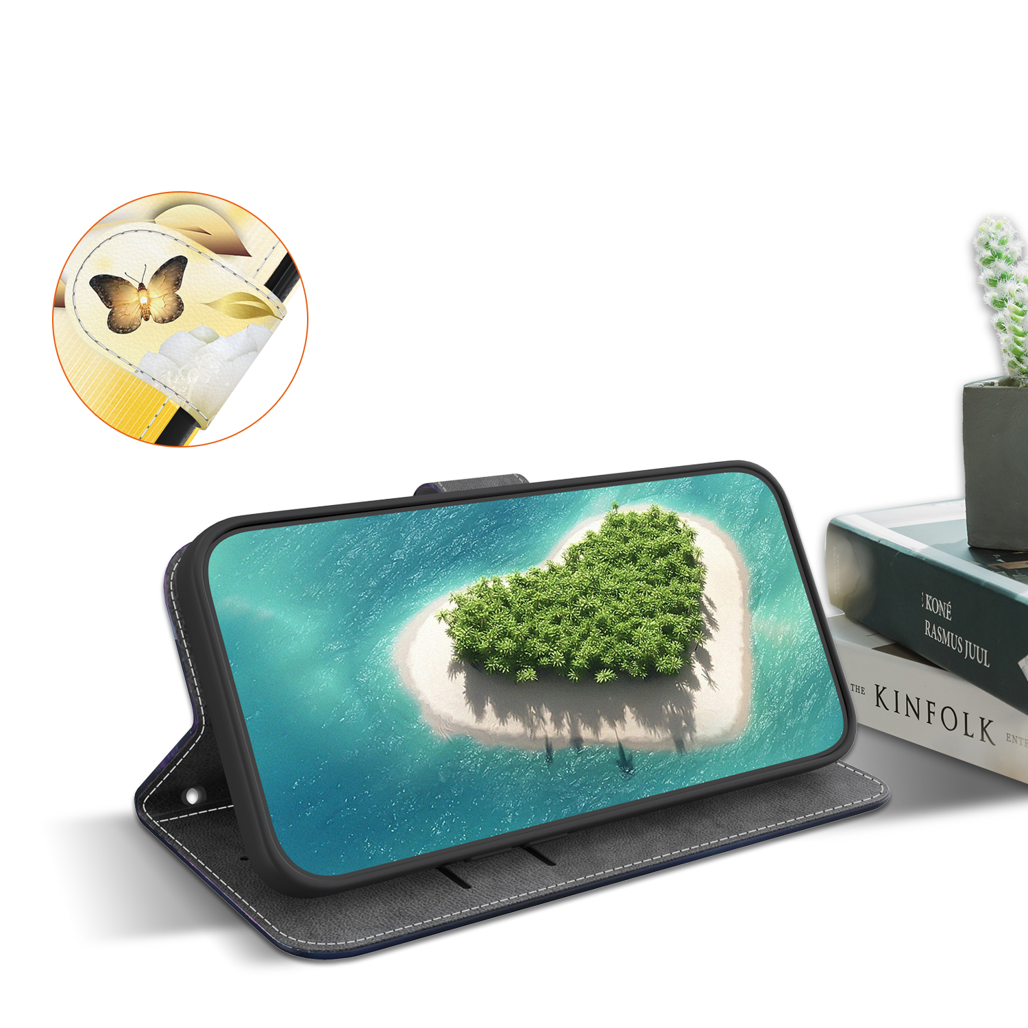 Samsung Galaxy S24 FE Leder Tasche mit Kartenfach   Handschlaufe - Goldene Schmetterlingsblumen