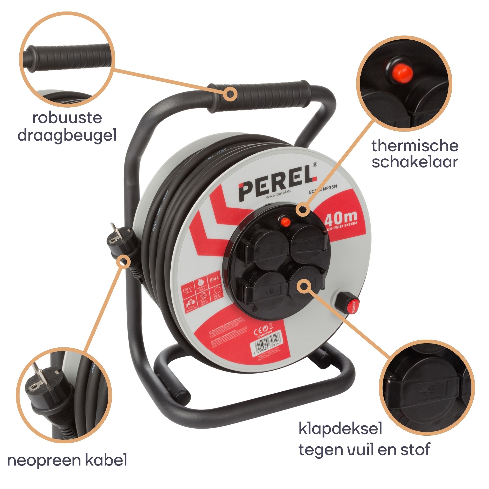 Perel ECR40NP25N 4-voudige kabelhaspel - 40 meter