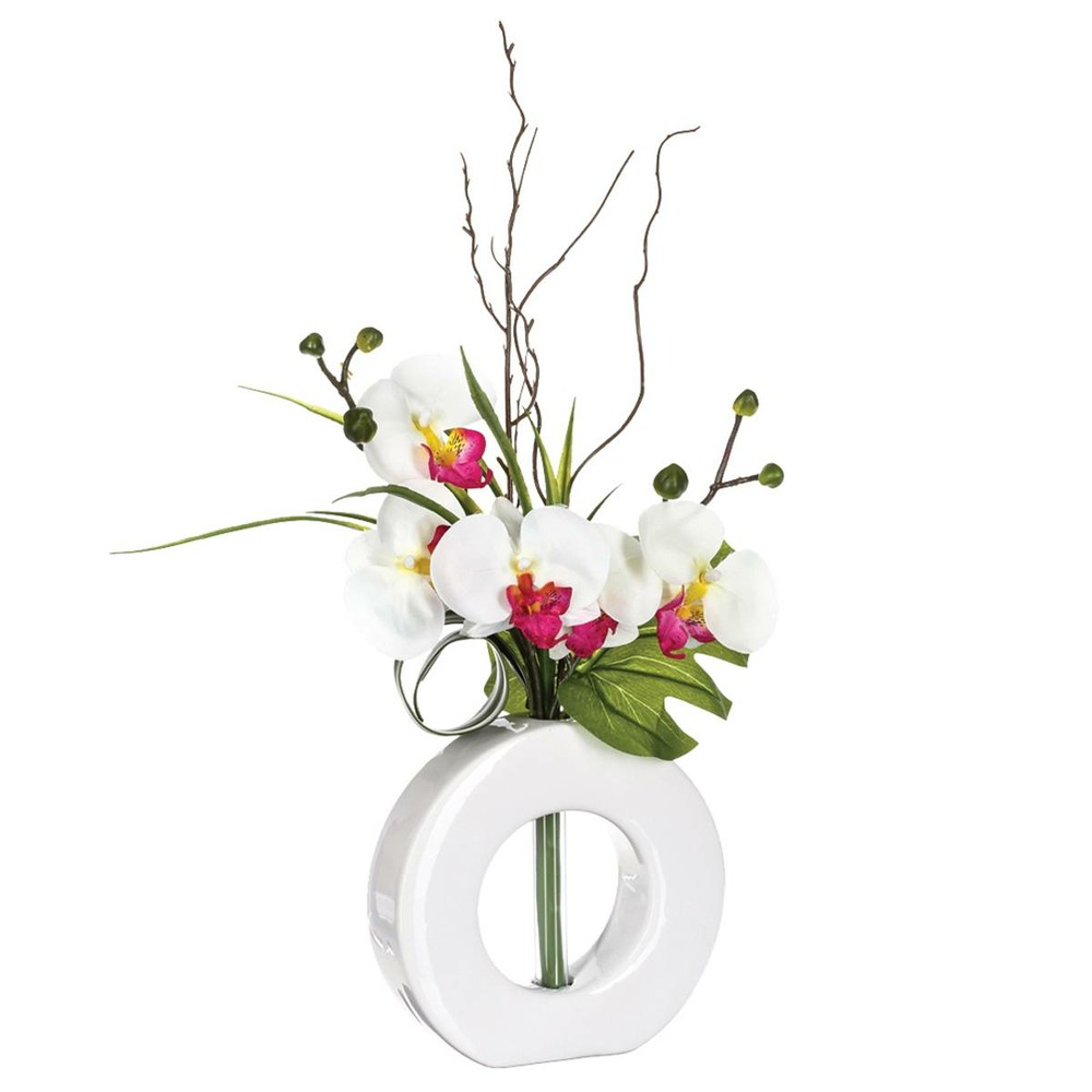 Composition florale artificielle d'orchidées avec vase céramique h 44 cm