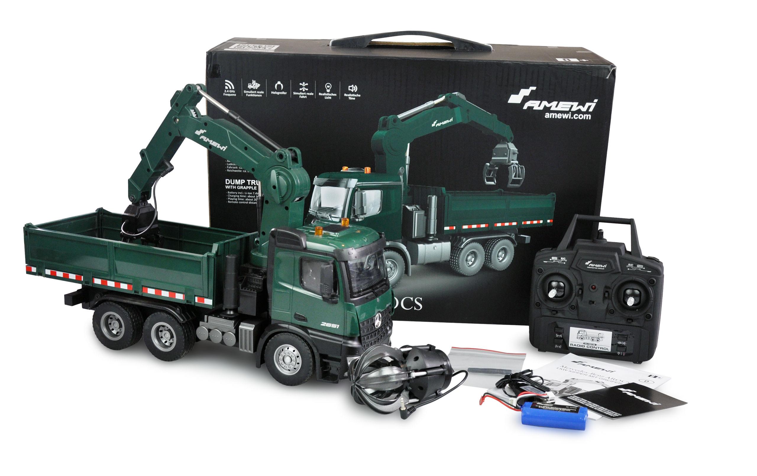 Lastwagen Mercedes Benz Arocs Kipper mit Kran 1:18, RTR<br>LKW Kranwagen mit Kippmulde & Greifer