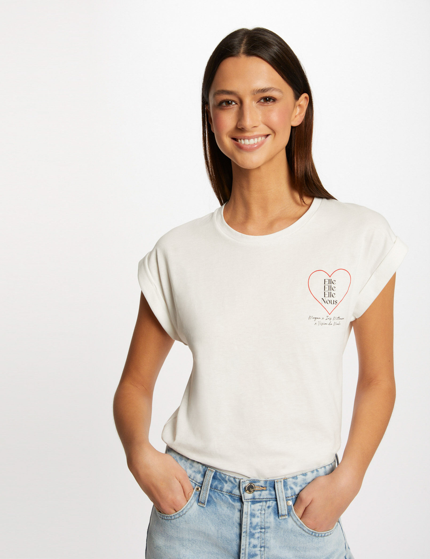 T-shirt manches courtes à inscription ecru femme - ecru