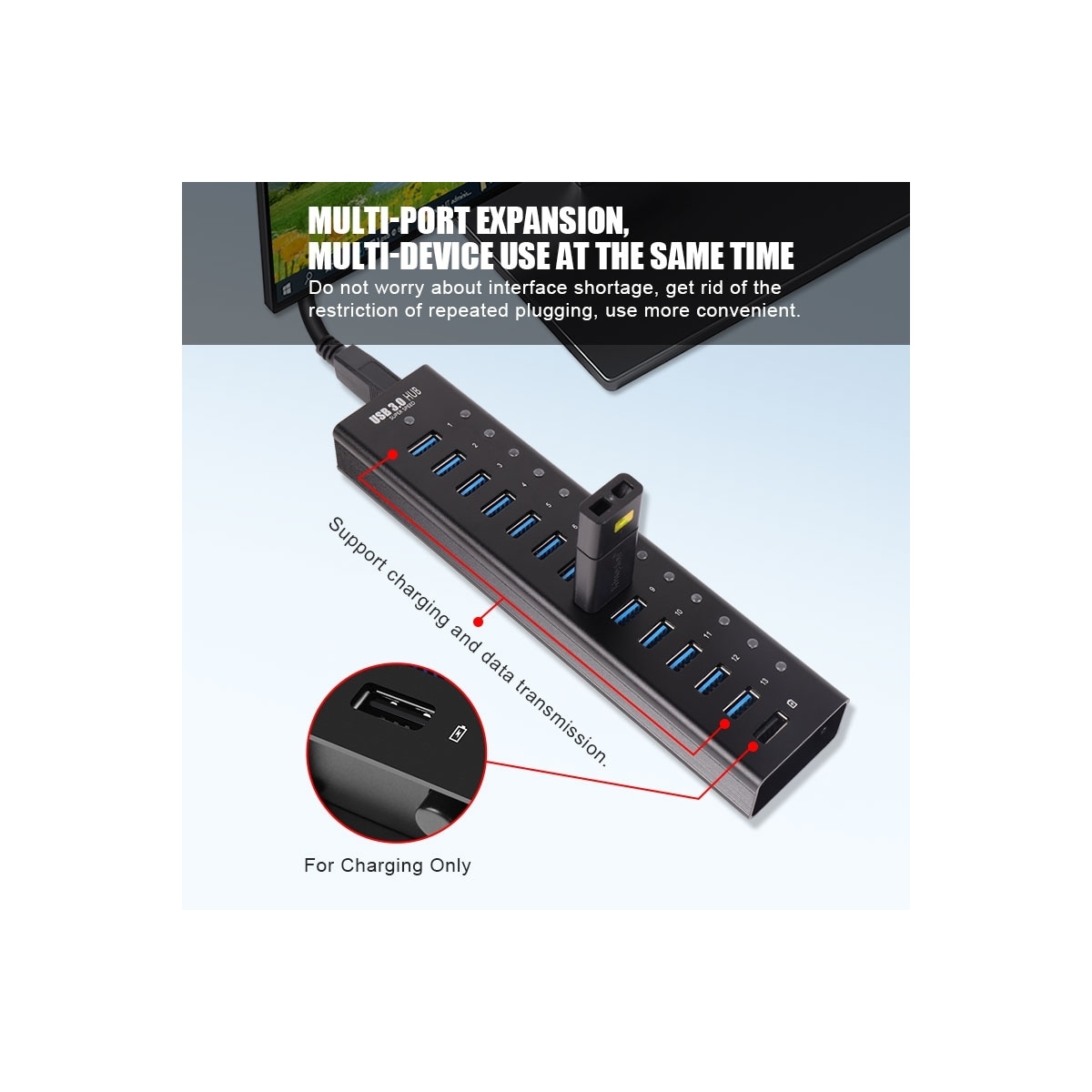 NÖRDIC drevet 14-porters USB 3.0 HUB med individuell bryter 5 Gbps 1,2 mm kabel aluminium svart med strømforsyning