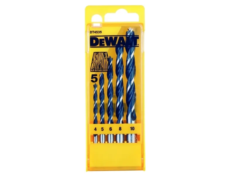 DeWALT - Borebitsæt - for spånplade, krydsfiner, blødtræ, hardwood - 5 stykker - 5 mm, 6 mm, 8 mm, 10 mm, 4 mm - længde: 100 mm, 120 mm, 90 mm, 80 mm, 133 mm