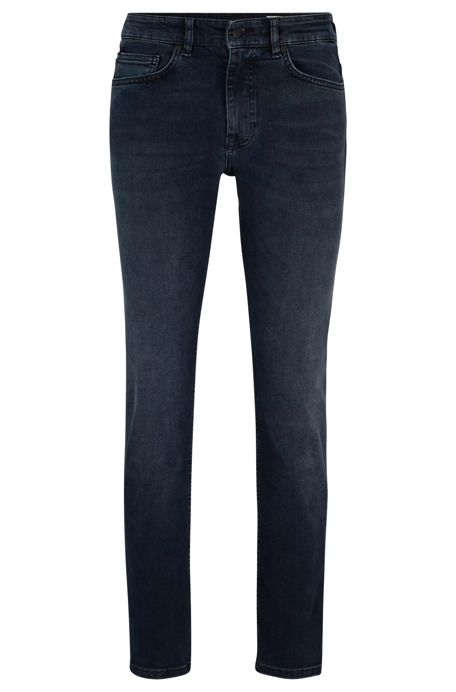 Calça jeans BOSS laranja, corte slim, em denim superelástico azul-escuro.