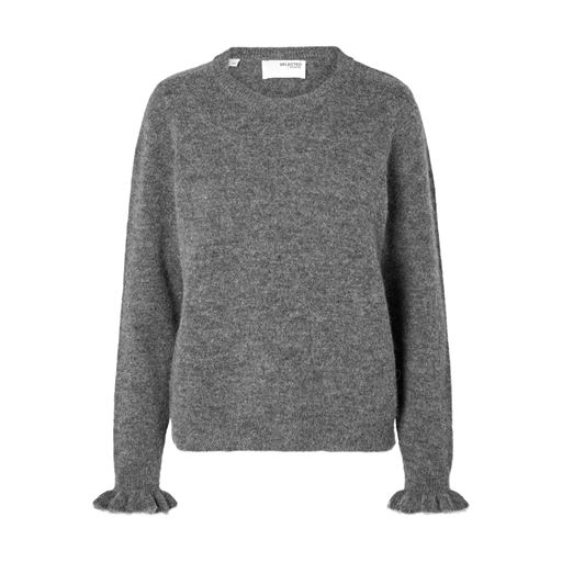 Selected Femme Lulu Frill Striktrøje, Medium Grey Melange, M