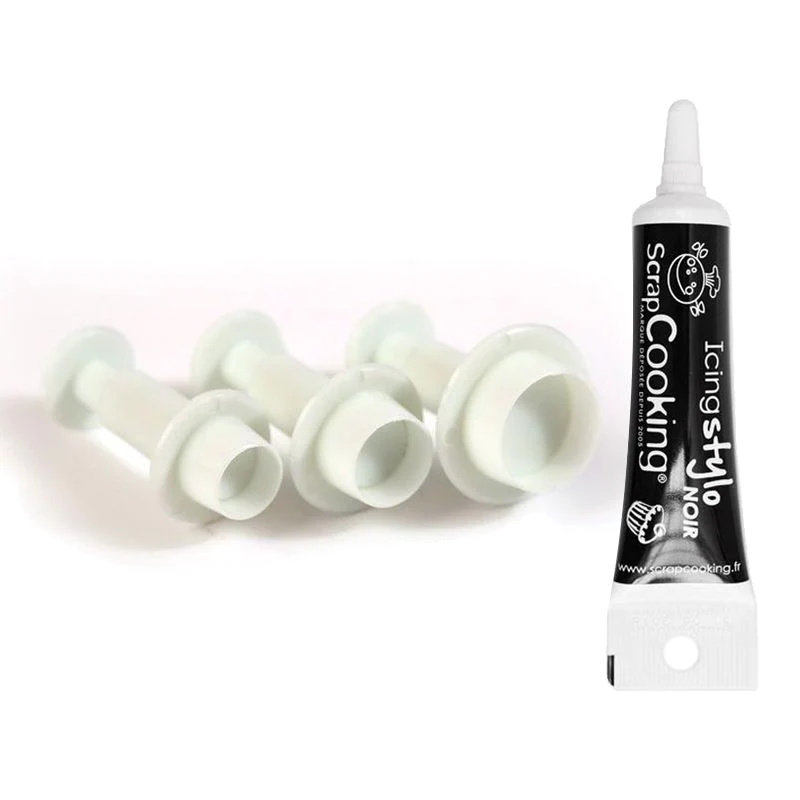 3 emporte-pièces à poussoir en plastique ronds + Stylo de glaçage noir