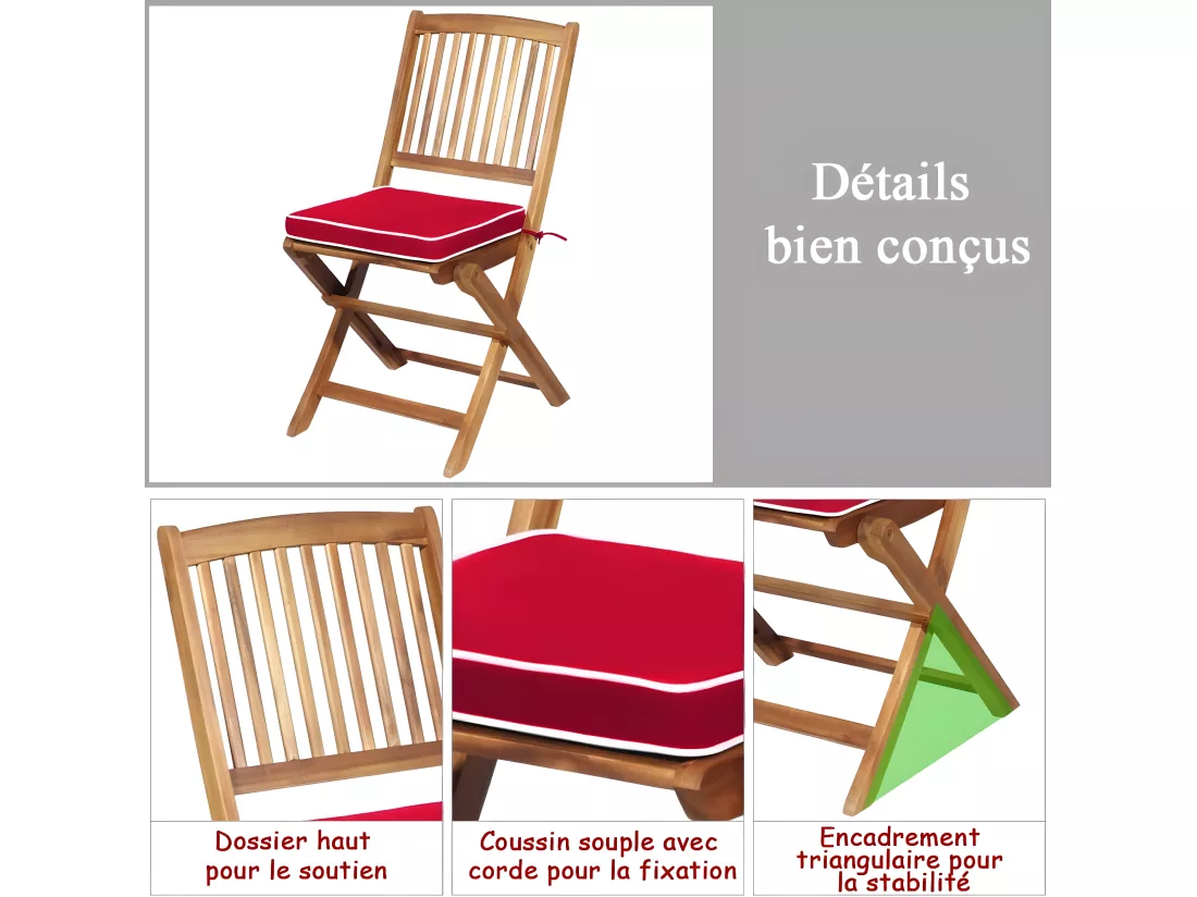 Ensemble de Table et Chaises en Bois d’Acacia, Comprenant 1 Table et 2 Chaises, Coussins Rembourrés, Ensemble de Mobilier de Terrasse pour Intérieur et Extérieur (Rouge+Naturel)