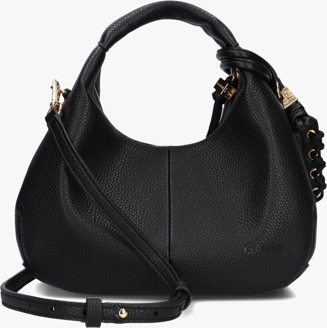 zwarte ganni handtas hobo mini grained
