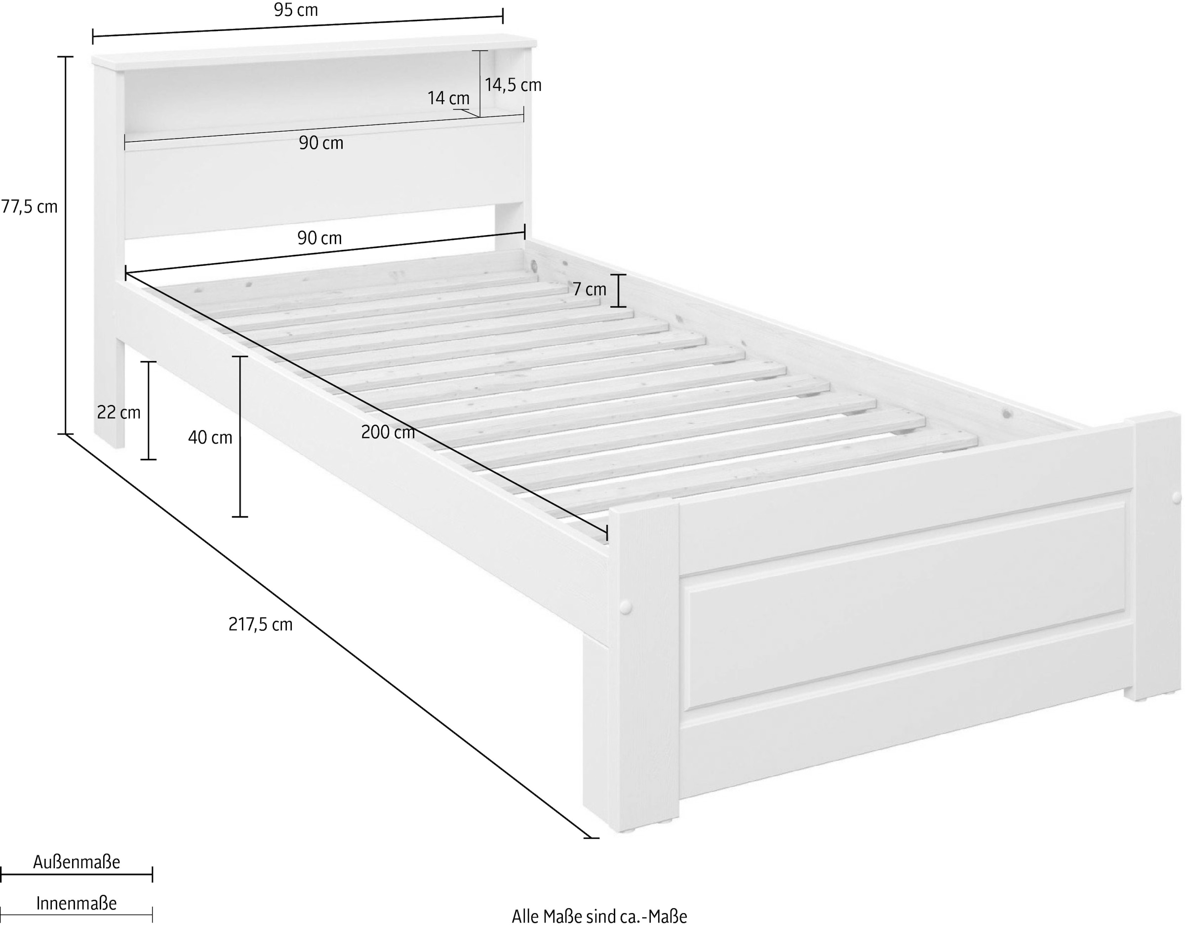 Home affaire Massivholzbett »FLAVION, TOPSELLER! Jugendbett, FSC® zertifizierte massive Kiefer« Breite: 90, 140, 180,  Qualitätsprodukt, Regal, Kassettenoptik, Schublade optional