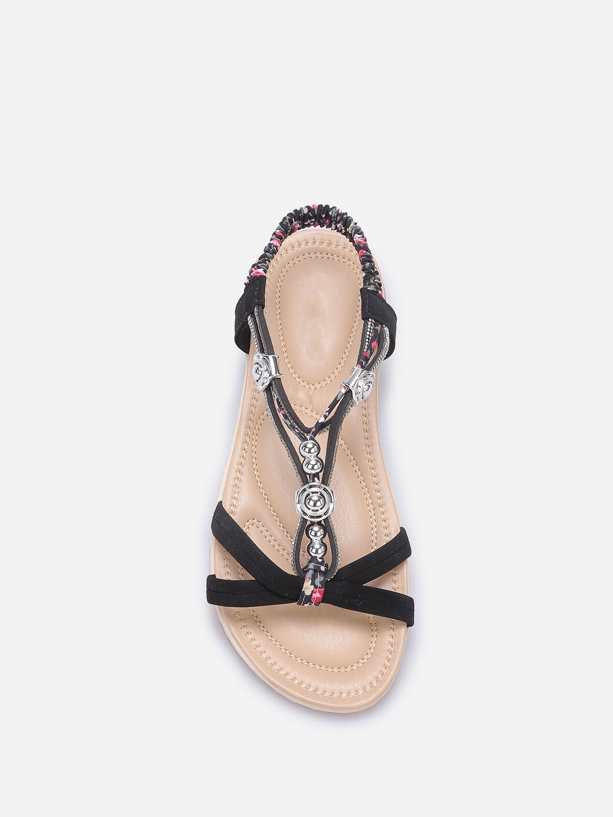 Nu-pieds à brides fleuries en strass et perles- Noir
