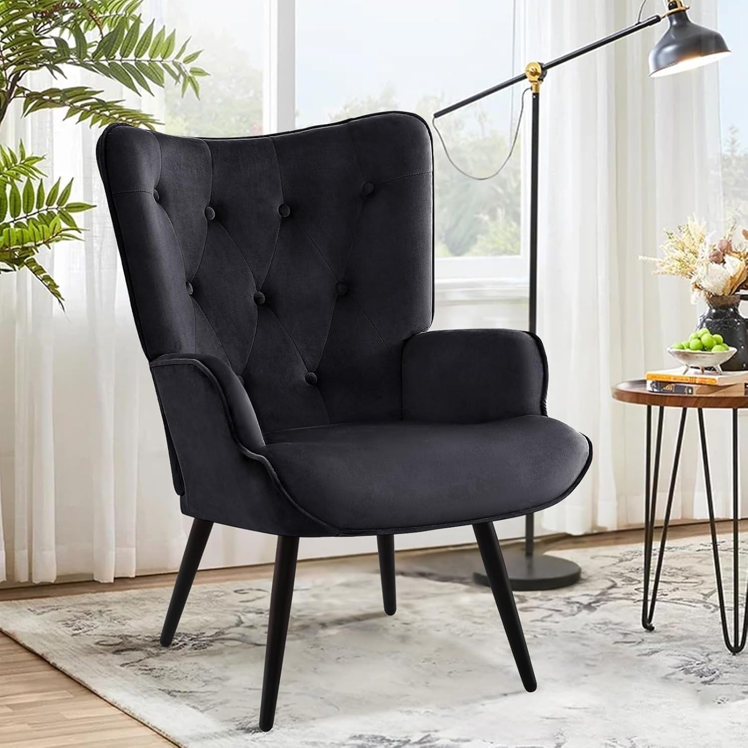 Ohrensessel Sessel Wohnzimmer, Skandinavischer Stil Relaxsessel Samt mit Hoher Rückenlehne Loungesessel Polstersessel fürs Wohnzimmer Schlafzimmer Arbeitszimmer Gästezimmer, Schwarz