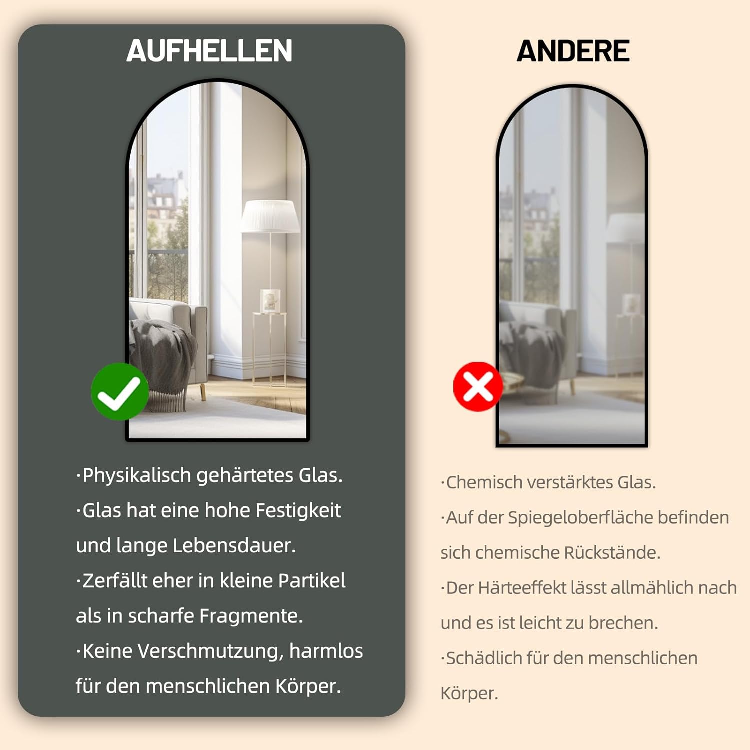 Bogen Ganzkörperspiegel 193x86cm, Gewölbter Spiegel mit Schwarz Metallrahmen Standspiegel HD Groß Bodenspiegel Wandspiegel mit Haken für Wohn-, Schlaf- und Ankleidezimmer Spiegel