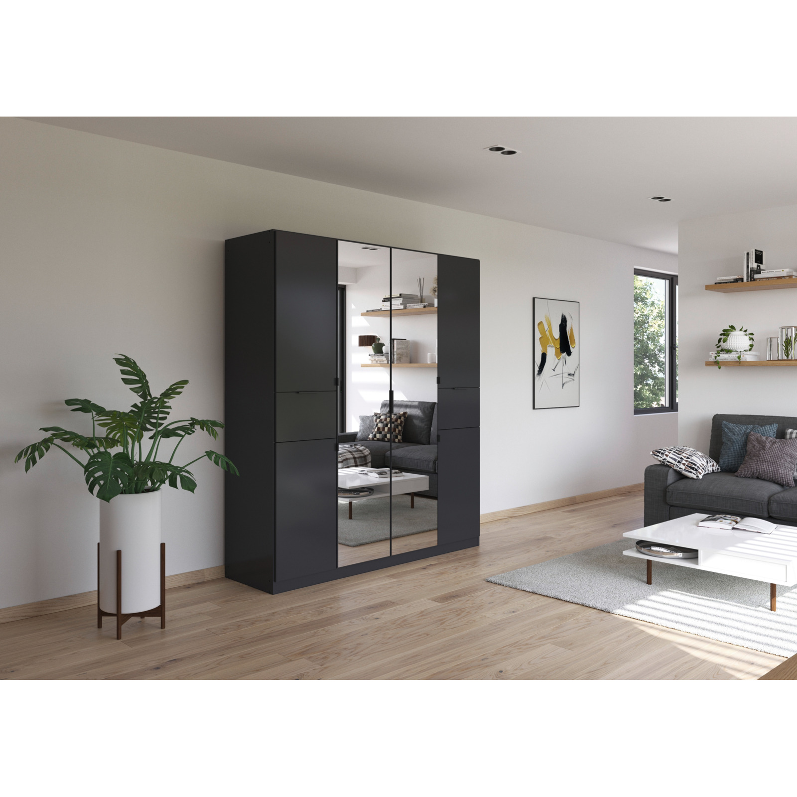 Drehtürenschrank Ticao, Dekor, 181 x 210 x 54 cm, mit Spiegel graphit