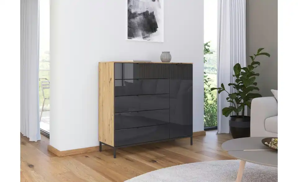 Sideboard Basaltgrau, Eiche Artisan (Nachbildung) Front: Glas, Oberboden: Dekor Graphit