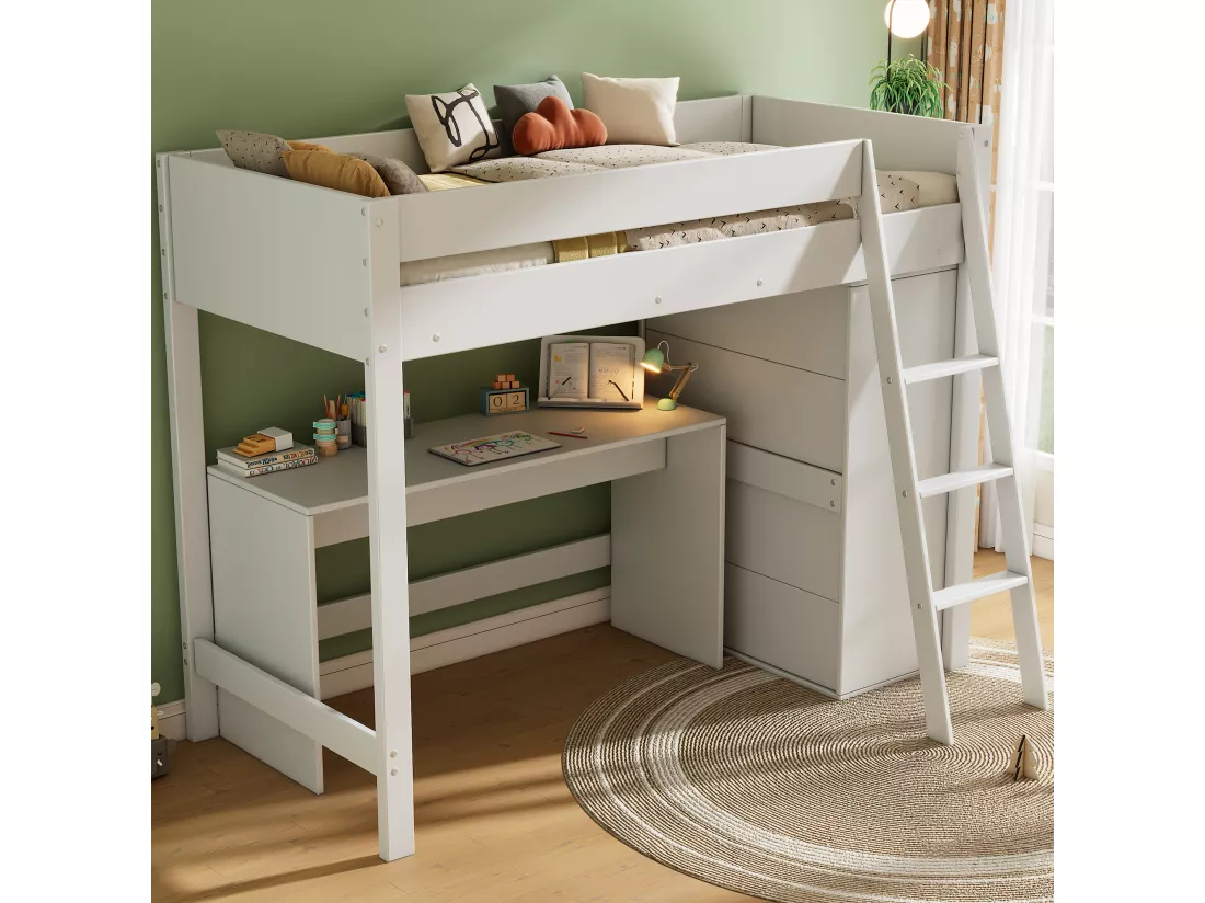 Lit mezzanine 90 x 200 cm avec bureau et grande armoire - Bois massif + MDF - Coloris Blanc (Sans matelas)