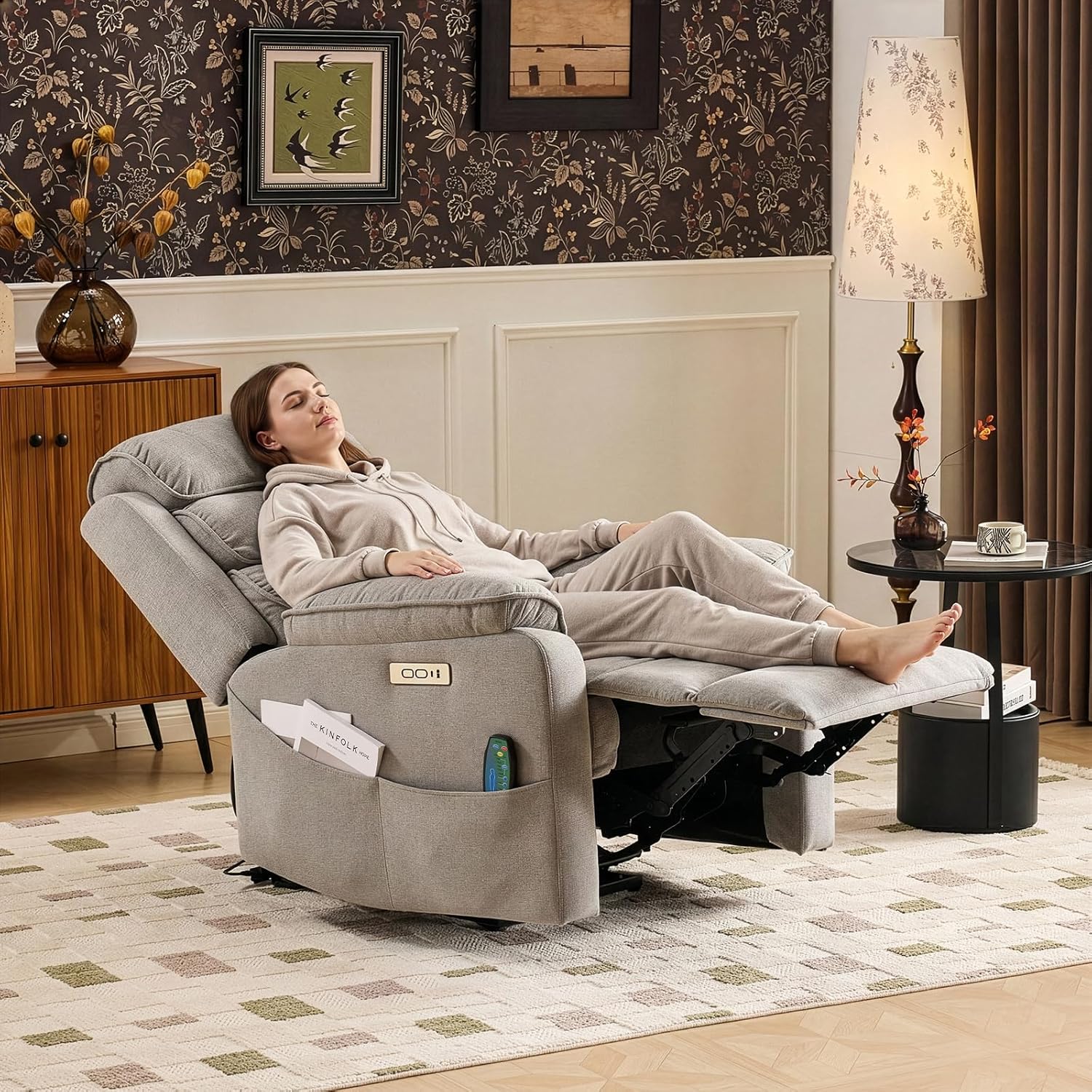 LEADZM Fernsehsessel Relaxsessel mit drahtloser Ladevorrichtung, 1 USB-Anschluss, 1 USB-C-Ladeanschluss, Liegen TV Sessel mit Massage Heizung, Seitentaschen, Getränkehalter (Hellgrau)
