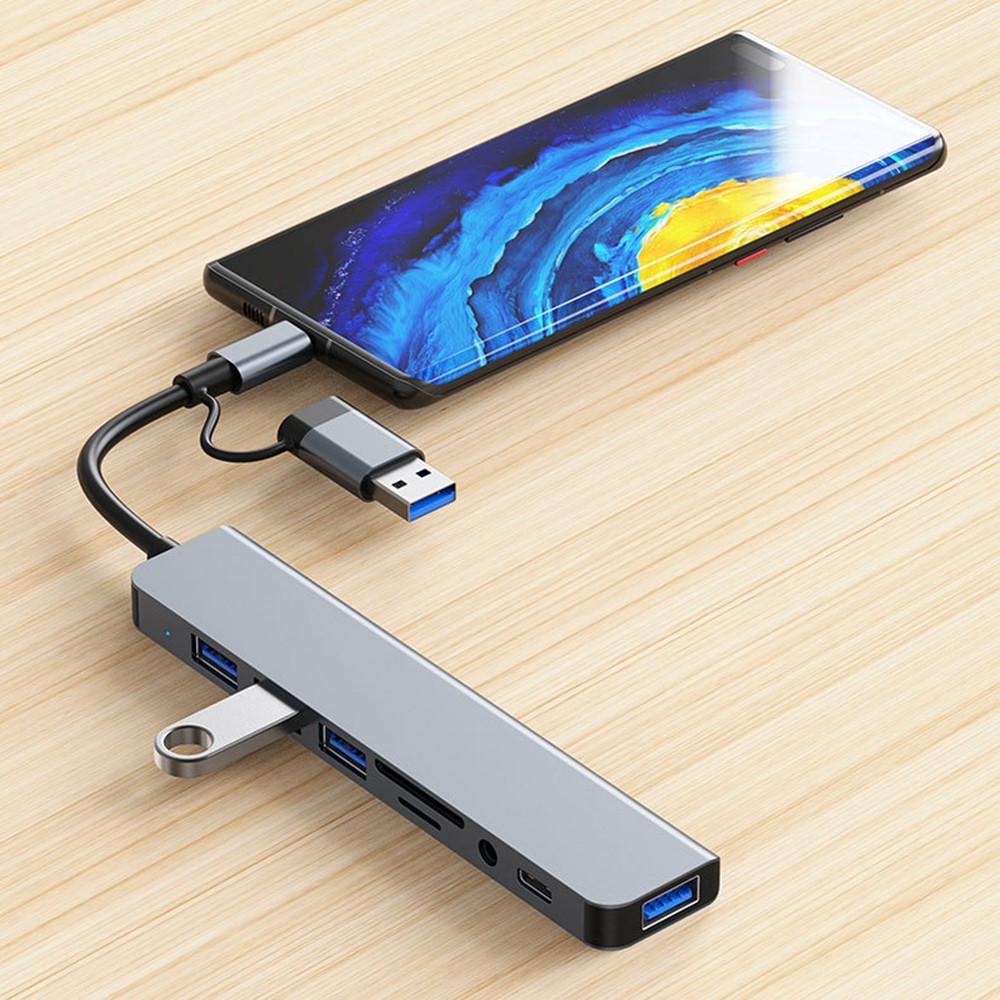 (5 Gbit/s) Alu USB C / USB 3.0 Multiport Adapter HUB mit USB C / 4x USB A / SD & Micro SD Kartenlesegerät / 3.5mm Klinken Anschluss - Grau