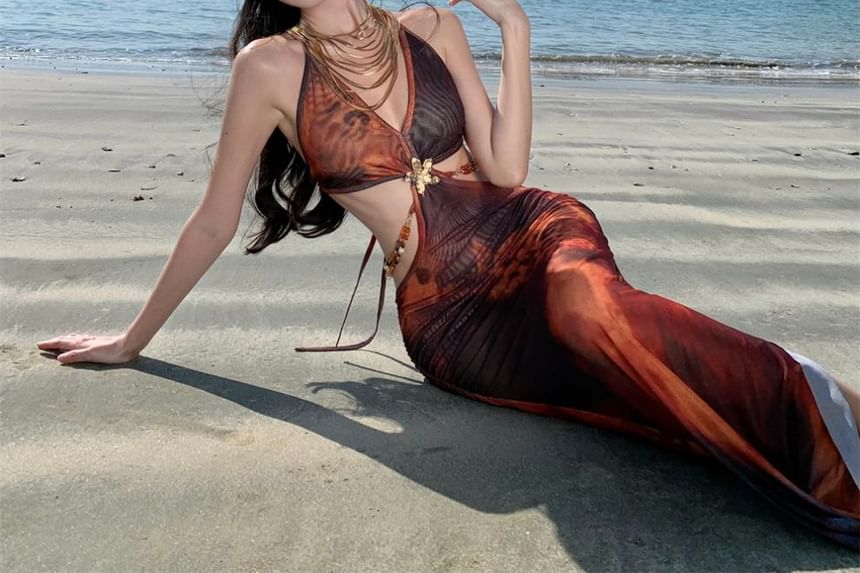 Egsy - Halter luipaardprint cutout kralen ketting split maxi manteljurk