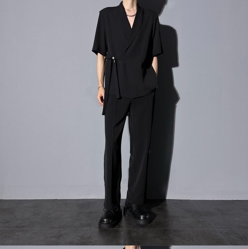 Wewewow - Set: Effen blazer met elleboogmouwen + Rechte pantalon