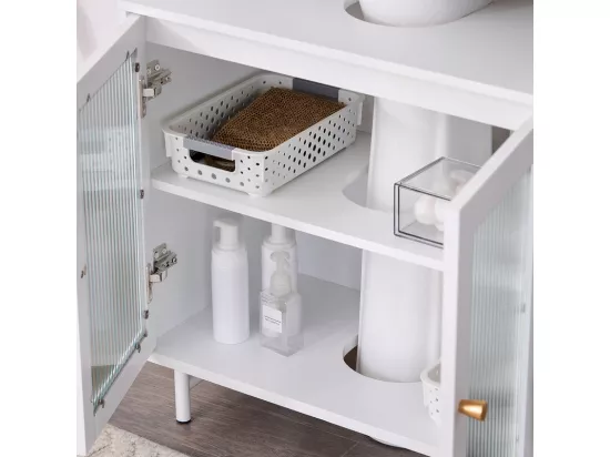 SoBuy Meuble sous Lavabo Salle de Bain, Meuble sous Évier, Armoire de Rangement pour Vasque sur Pieds avec 2 Portes en Verre, 60x30x59 cm, Blanc, BZR115-II-W