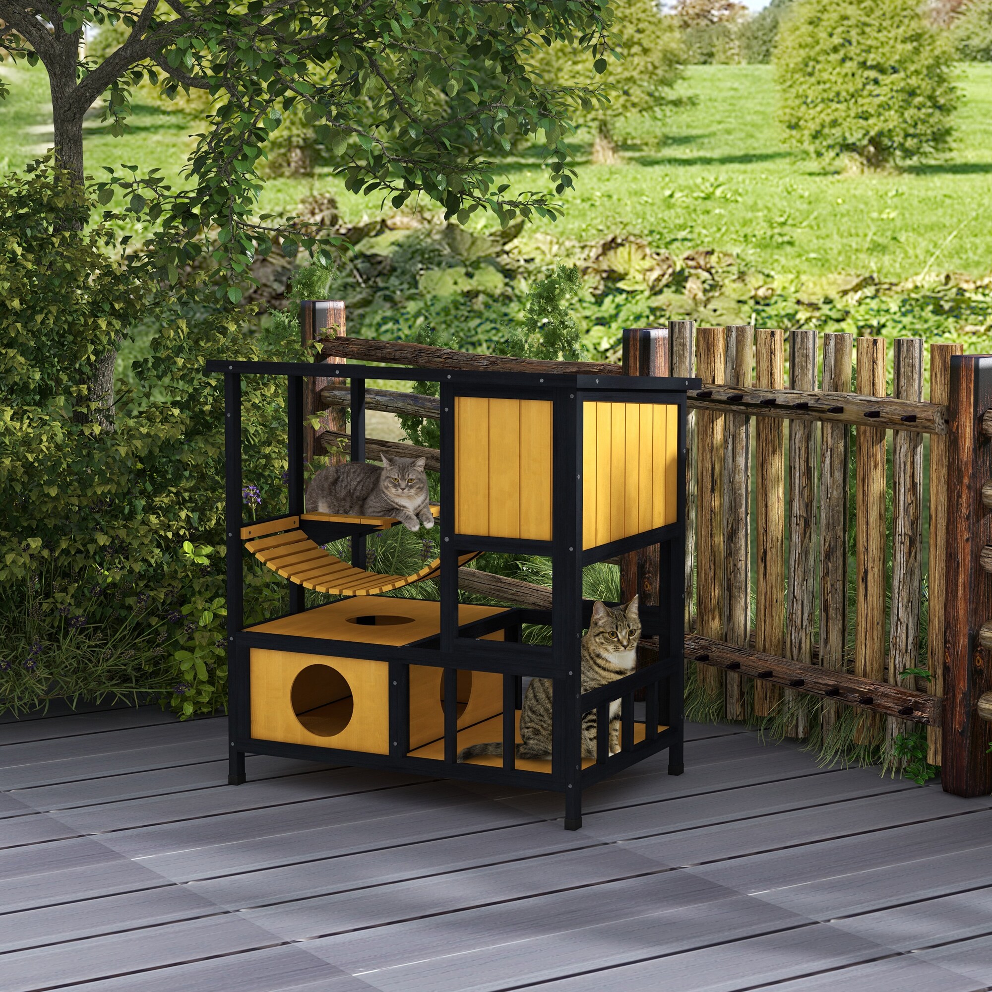 PawHut Katzenhaus mit Zugbrücke natur 84,5L x 60B x 88H cm
