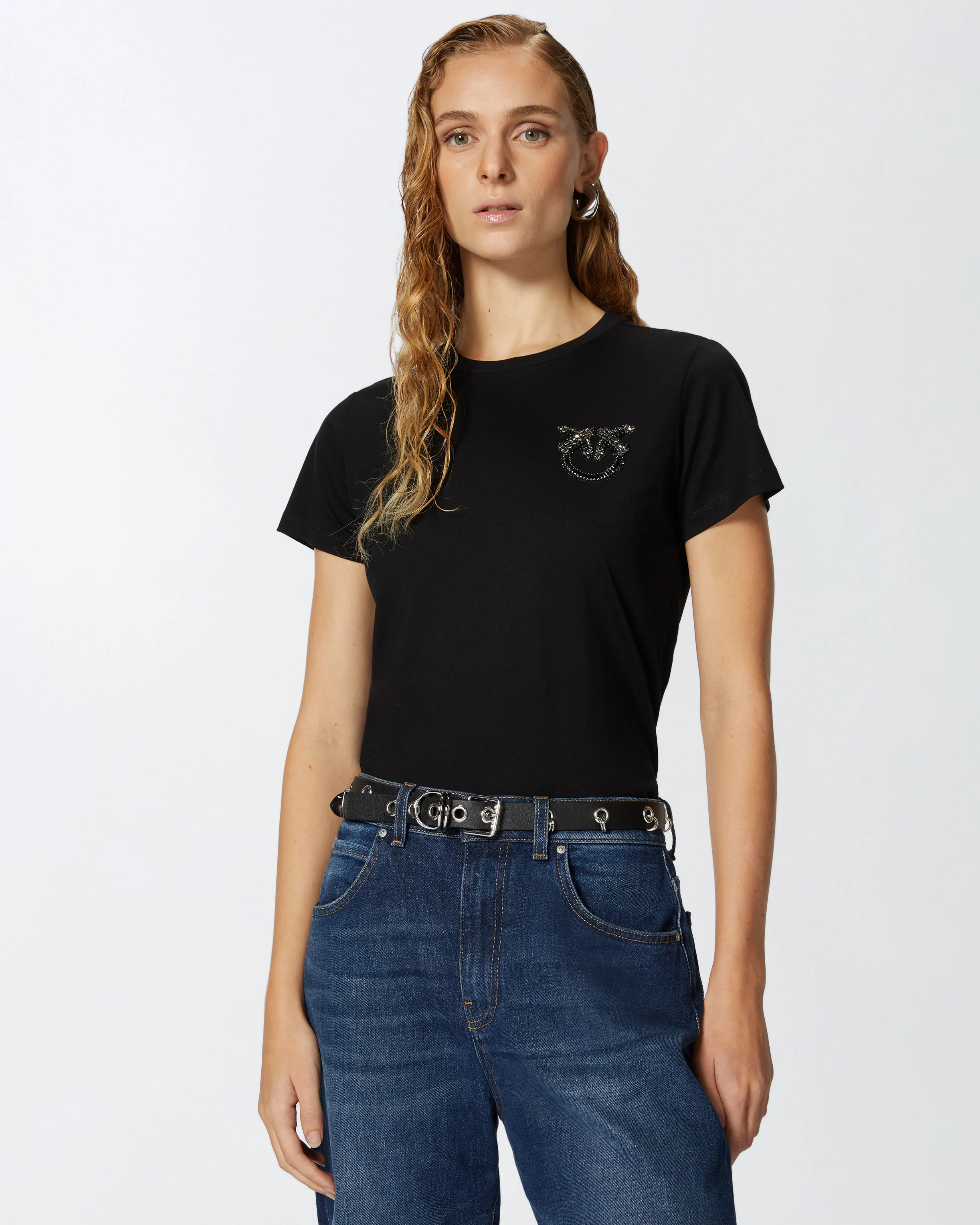 T-shirt à manches courtes avec broderie bijou love birds | Noir